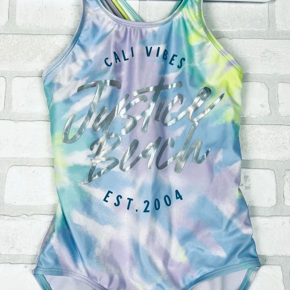 Justice Beach Girls‎ Tie Dye One Piece Swimsuit Multi Strap Blue Purple L 12/14